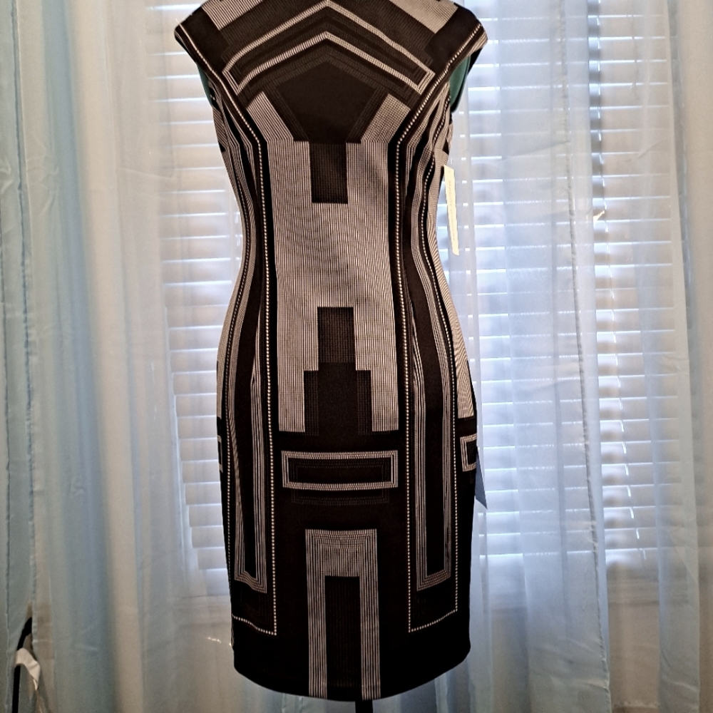 Maggy London Geometric Gray and Black Work Church Dress Size 4